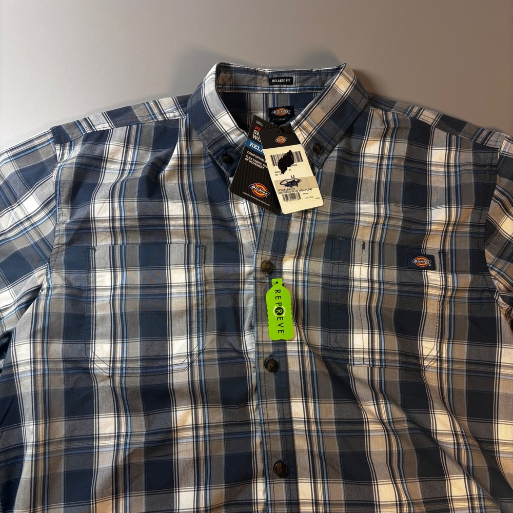 Dickies Plaid Work Shirt‎ Mens M Relaxed Fit Short Sleeve NWT Airforce Blue
